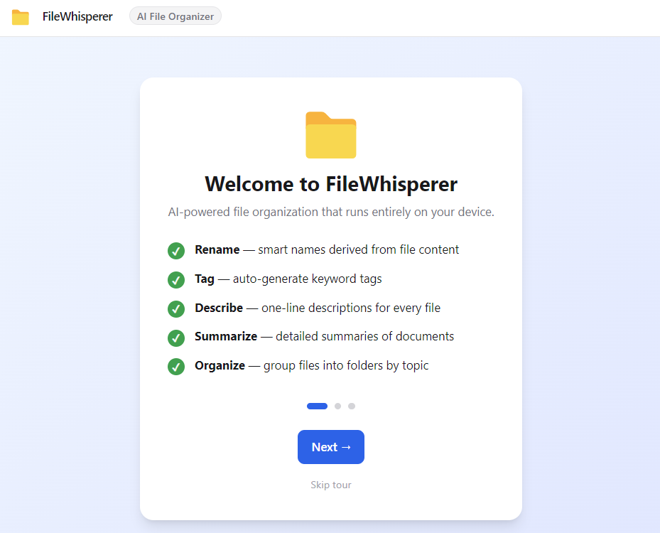 FileWhisperer AI — drop files into the inbox to start AI processing