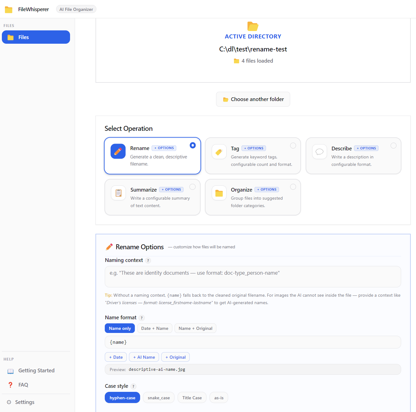 FileWhisperer AI — Summarize: AI produces concise summaries with depth and style settings