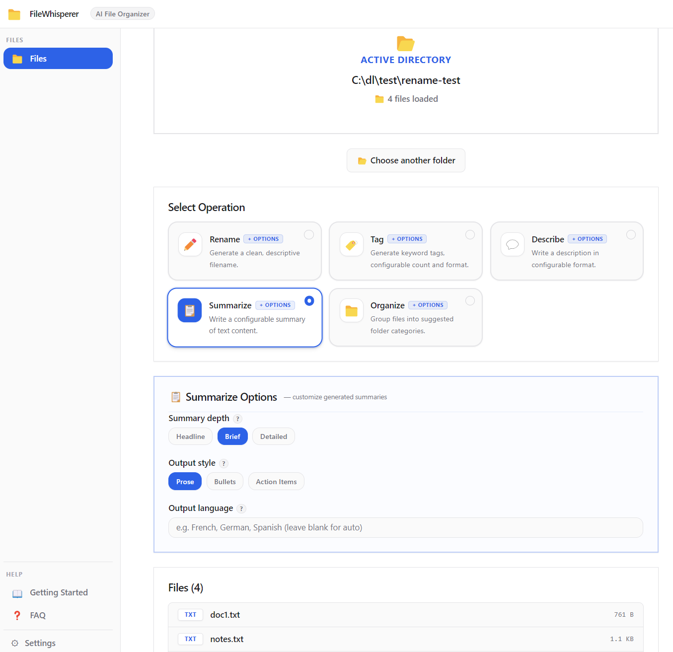 FileWhisperer AI — Organize: AI groups files into folders with a preview before any files move
