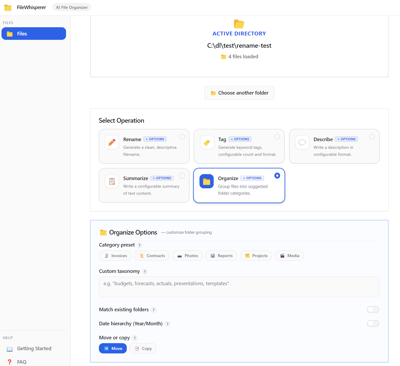 FileWhisperer AI — Results view showing completed batch with undo option